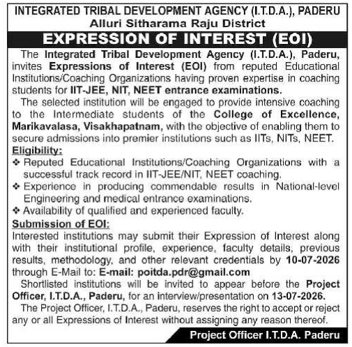 Expression of Interest: ITDA Paderu Entrance Coaching Engagement