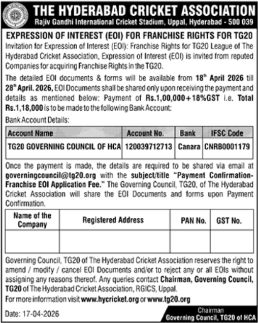 Expression of Interest – TG20 League Franchise Acquisition (2026)