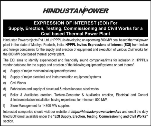 Expression of Interest: Thermal Power Plant Construction Hindustan Powerprojects Pvt Ltd