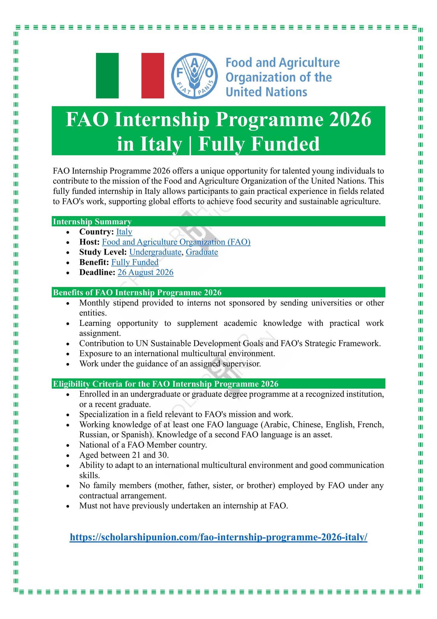 FAO Internship Programme 2026  in Italy