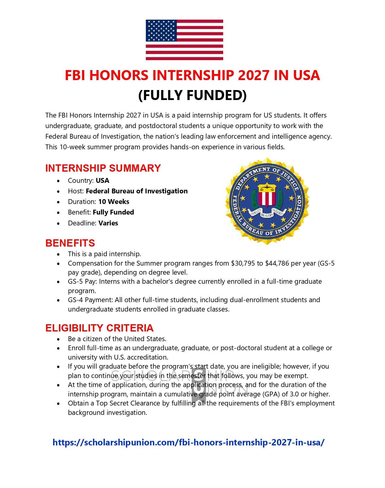 FBI Honors Internship 2027 in USA