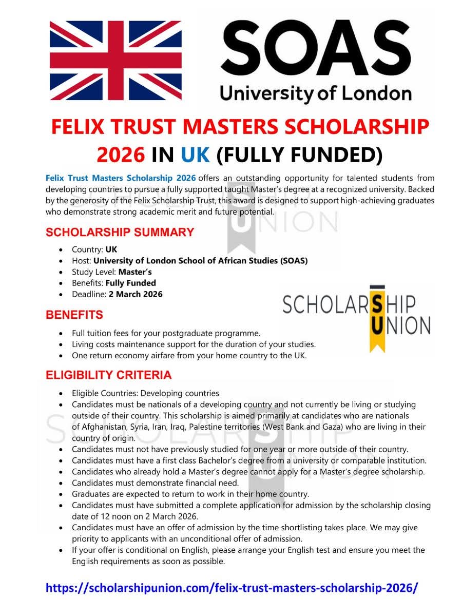 Felix Trust Masters Scholarship 2026 in UK