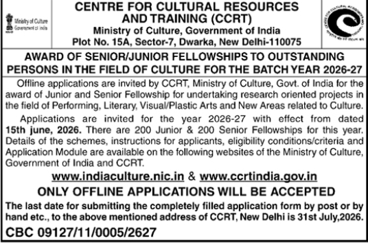Fellowship Notice: CCRT Senior & Junior Cultural Fellowships 2026-27