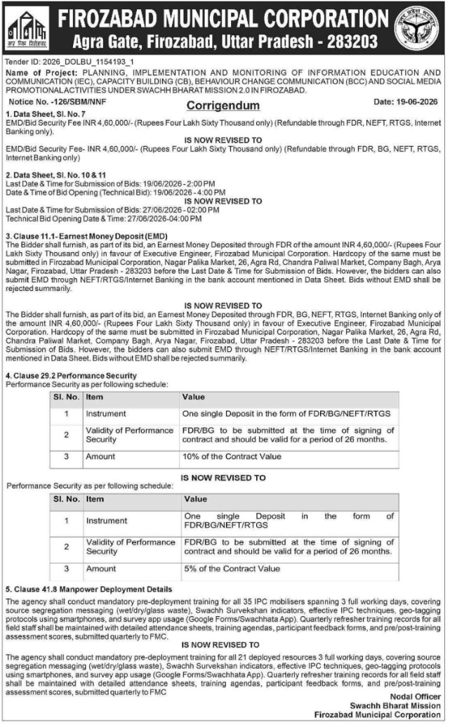 Firozabad FMC SBM 2.0 Project Corrigendum
