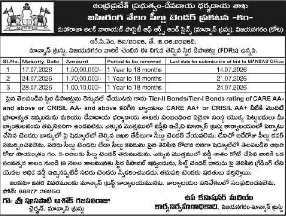 Fixed Deposit Reinvestment Sealed Tender Notice by MANSAS Trust Vizianagaram