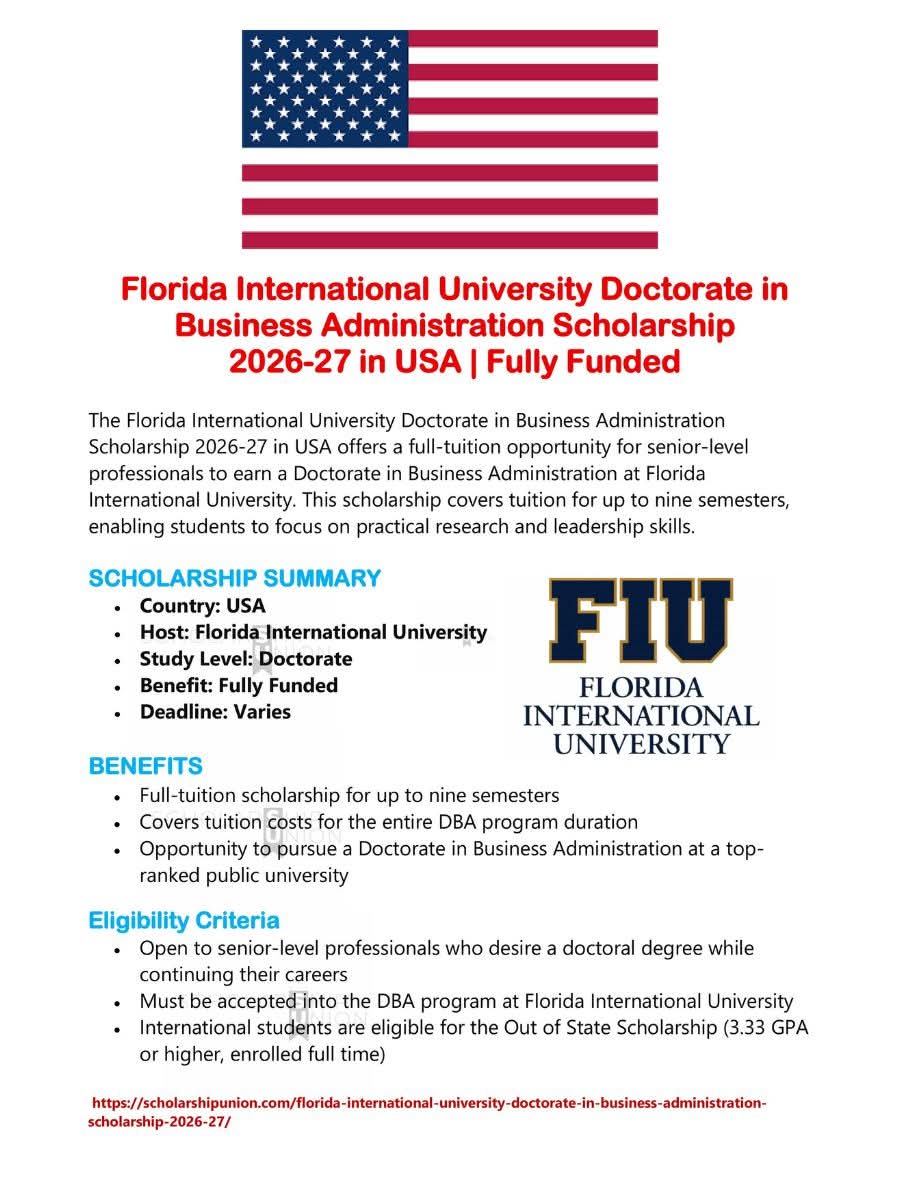 Florida International University Doctorate in Business Administration Scholarship 2026-27 in USA