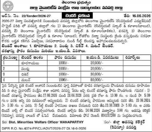 Food Provisions Supply Tender Notice by District Minorities Welfare Officer Wanaparthy