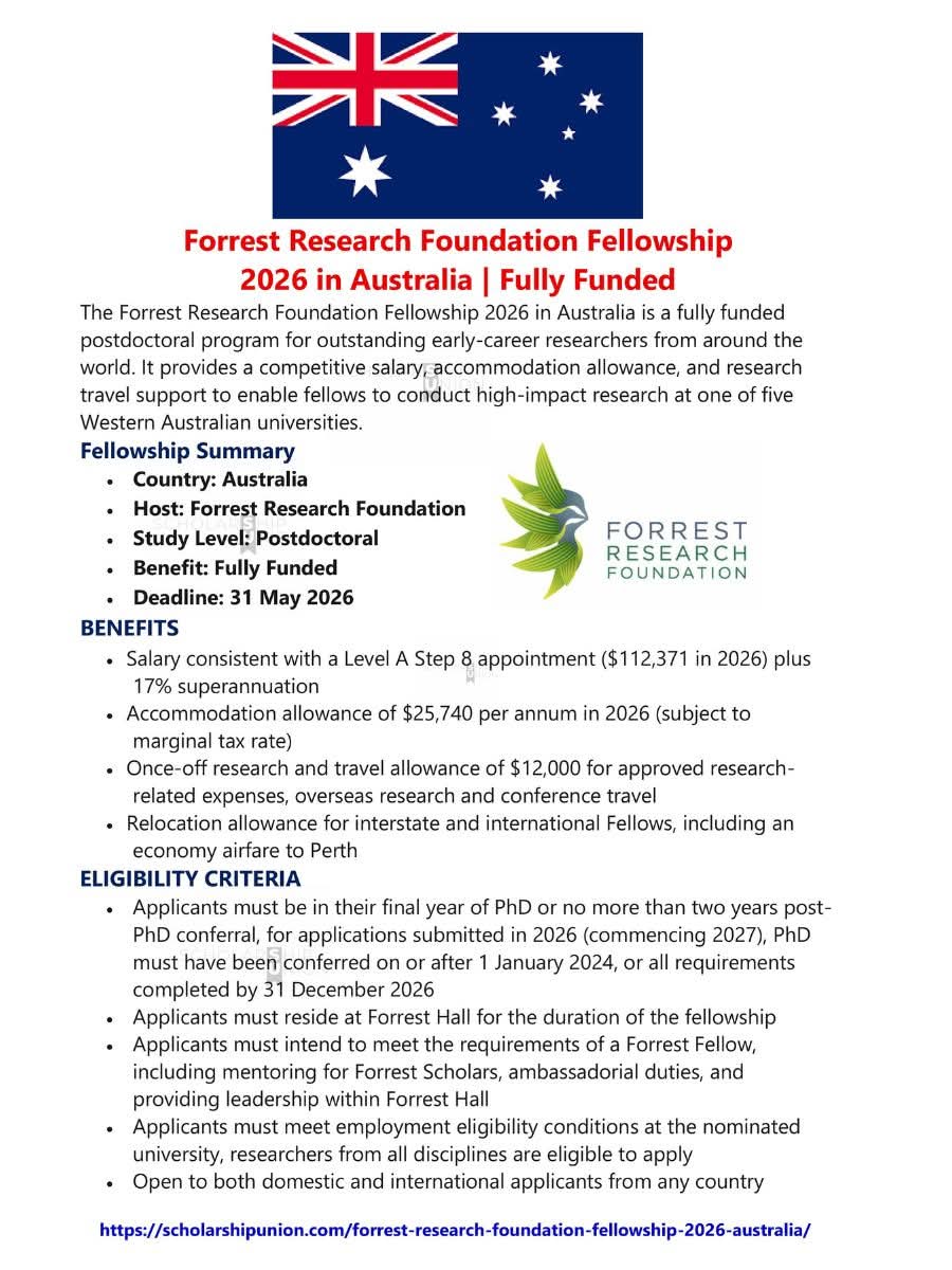 Forrest Research Foundation Fellowship 2026 in Australia