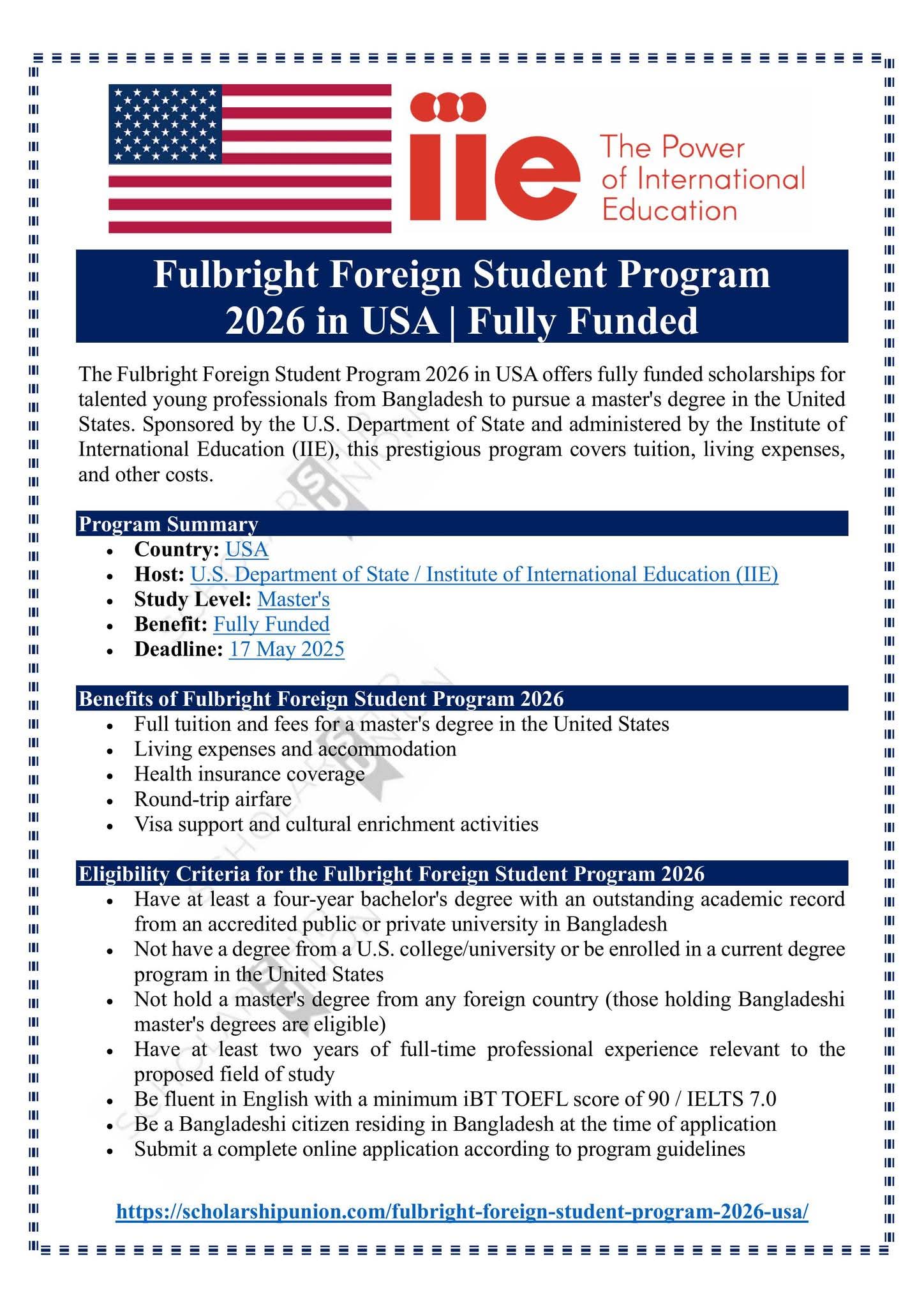 Fulbright Foreign Student Program 2026 in USA