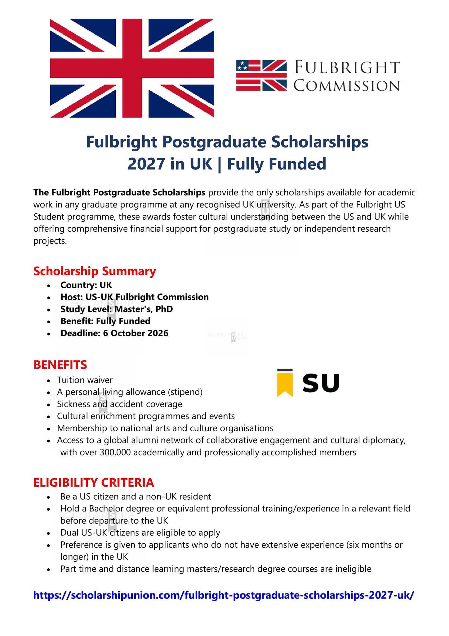 Fulbright Postgraduate Scholarships 2027 in UK