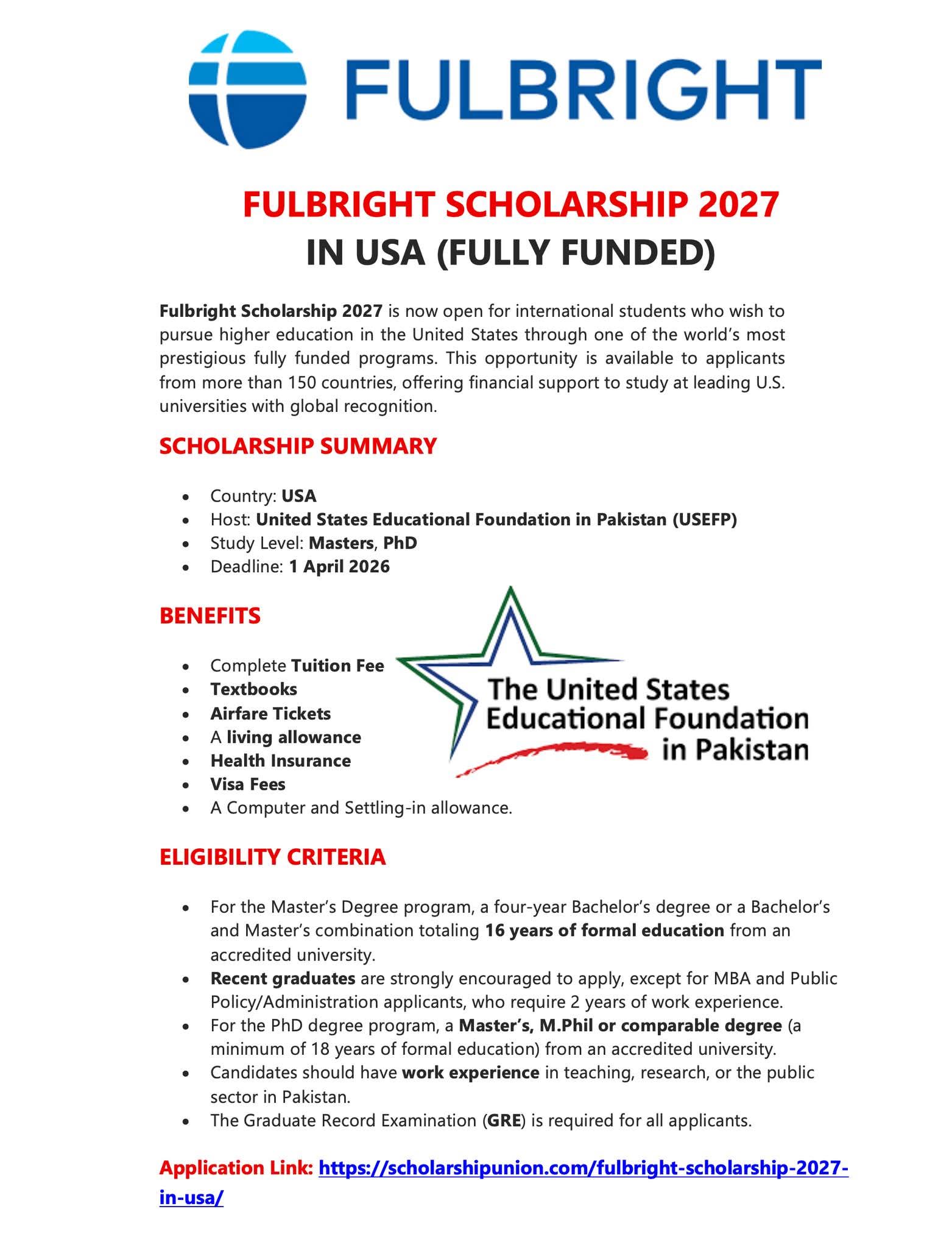 FULBRIGHT SCHOLARSHIP 2027 IN USA (FULLY FUNDED)