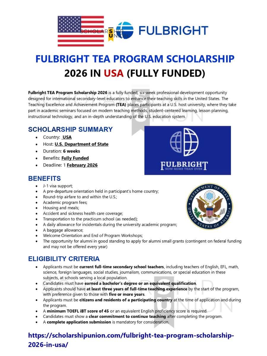 FULBRIGHT TEA PROGRAM SCHOLARSHIP 2026 IN USA | FULLY FUNDED