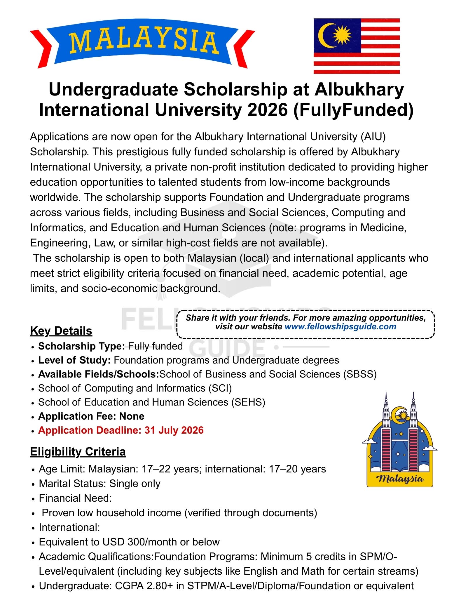 Fully Funded AIU Scholarship Malaysia 2026