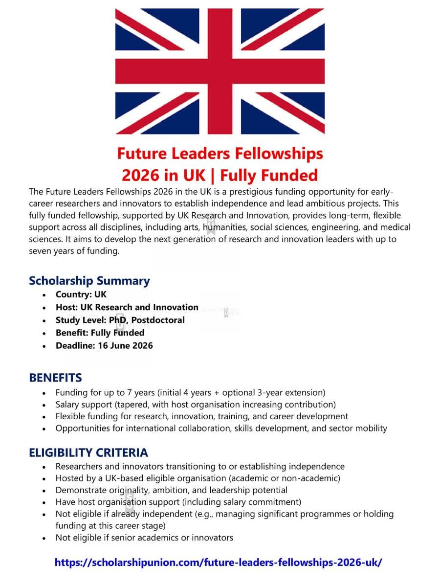 Future Leaders Fellowships 2026 in UK