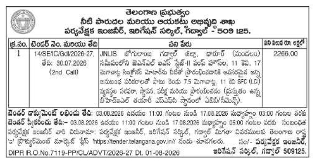 Gadwal Irrigation Circle e-Procurement Tender for Pump House Systems