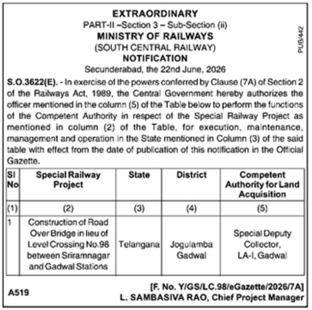 Gazette Notification: South Central Railway Land Acquisition Authority