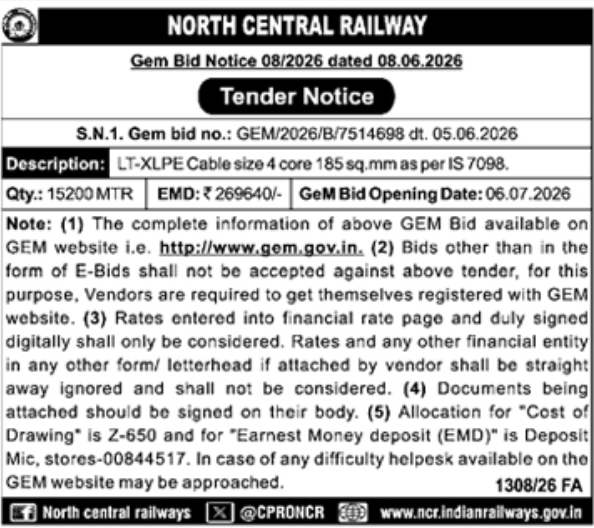 GeM Bid Notice – North Central Railway