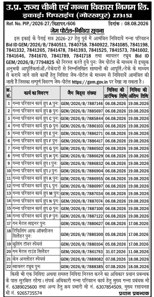 GeM Portal E-Tender Notice for Cane Transportation by Pipraich Sugar Mill