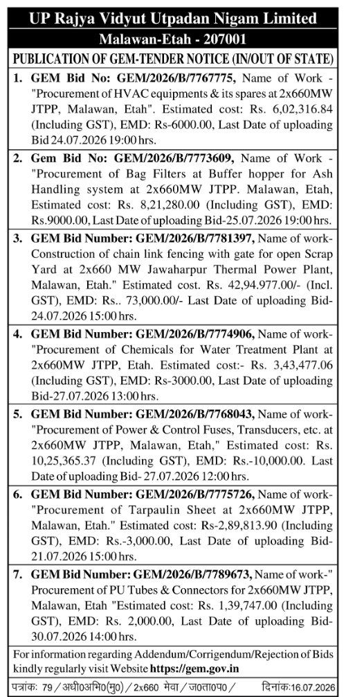 GeM-Tender Notice: UPRVUNL Jawaharpur Thermal Power Plant Procurement