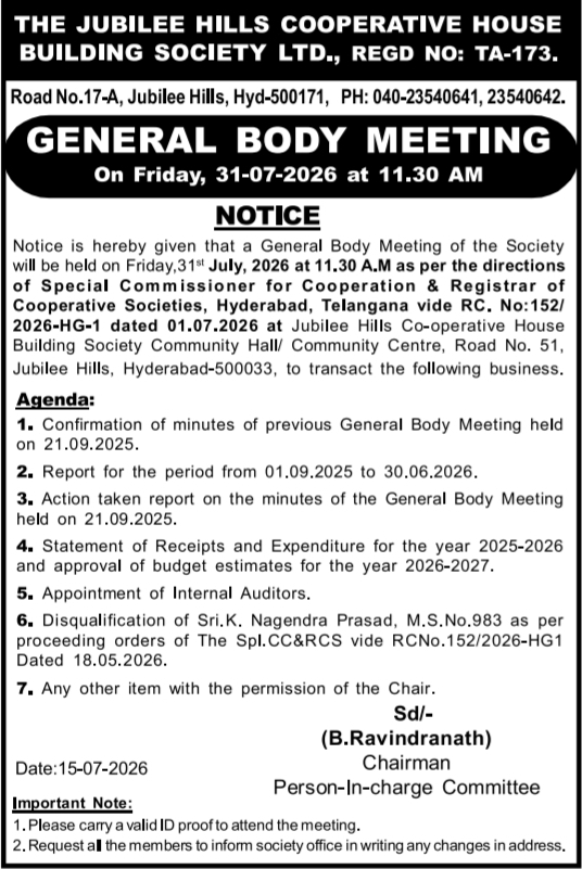 General Body Meeting Notice by Jubilee Hills  Society