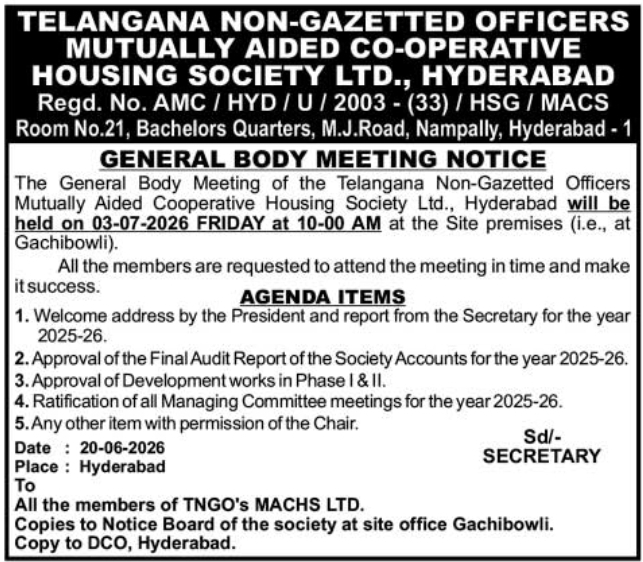 General Body Meeting Notice: TNGO's Housing Society