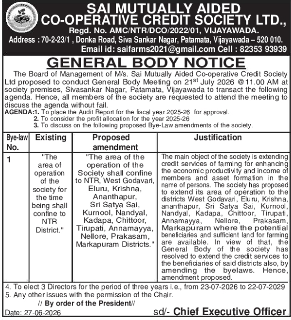 General Body Notice: Sai Mutually Aided Co-operative Credit Society Meeting