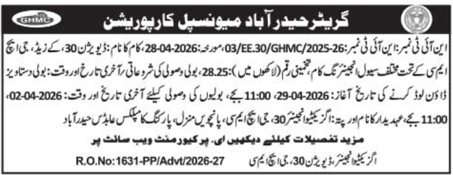 GHMC e-Tender Notice: Civil Engineering Works in Division-30 (KZ Zone)