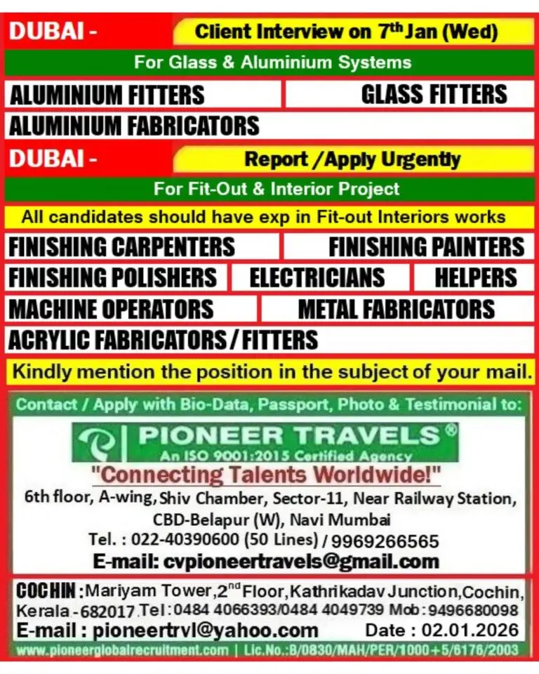 Glass & Aluminium, and Fit-Out Interior Company Hiring In Dubai