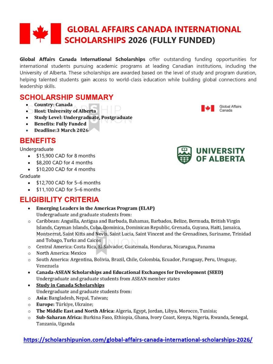 Global Affairs Canada International Scholarships 2026 in Canada