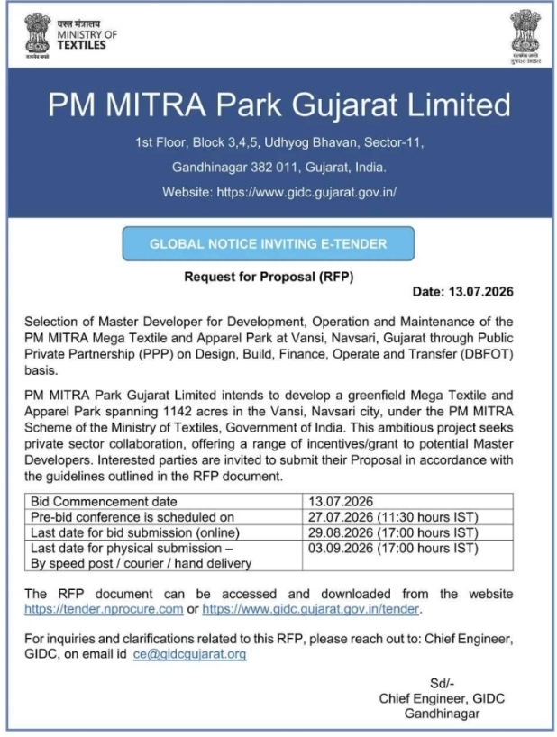 Global E-Tender Notice: PM MITRA Park Gujarat Master Developer