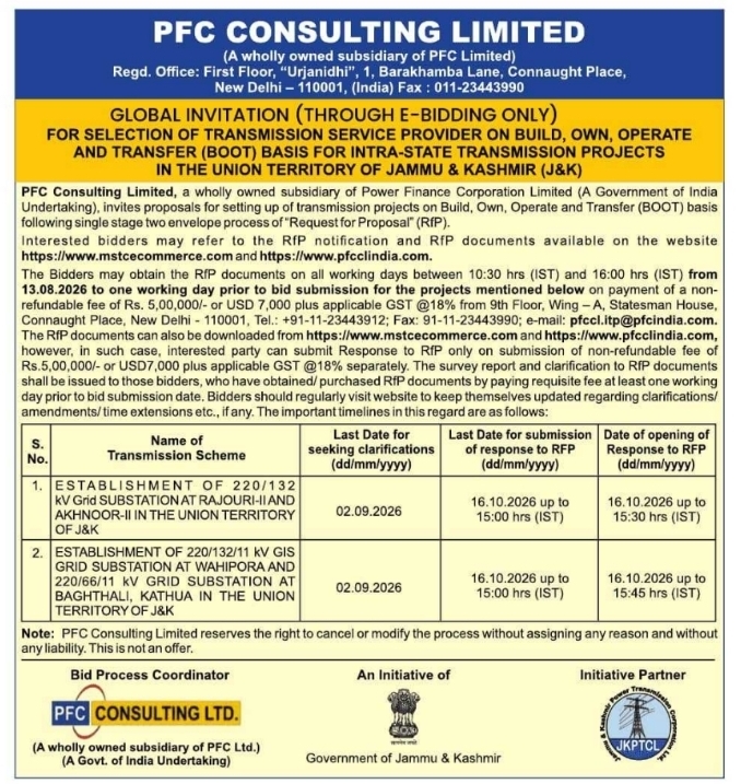 Global Invitation for J&K Transmission Service Provider by PFC Consulting Limited