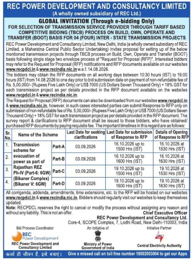 Global Invitation for Transmission Service Projects by RECPDCL