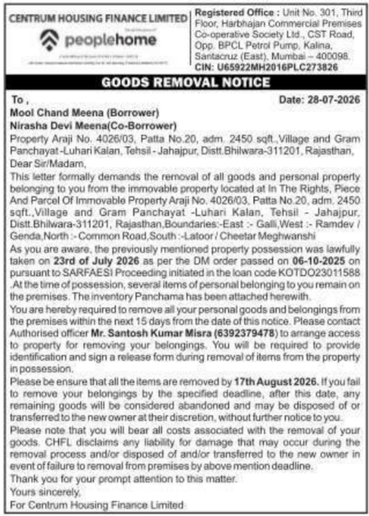 Goods Removal Notice by Centrum Housing Finance