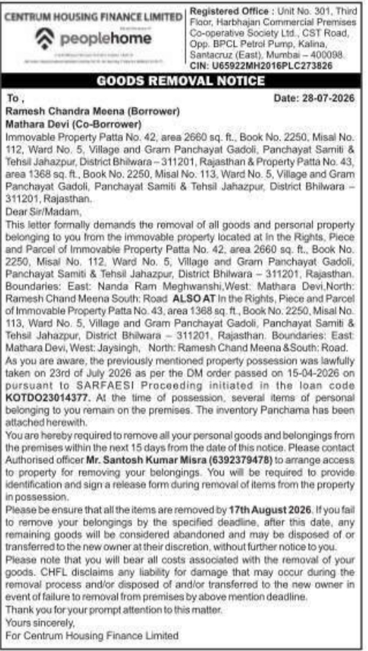 Goods Removal Notice by Centrum Housing Finance