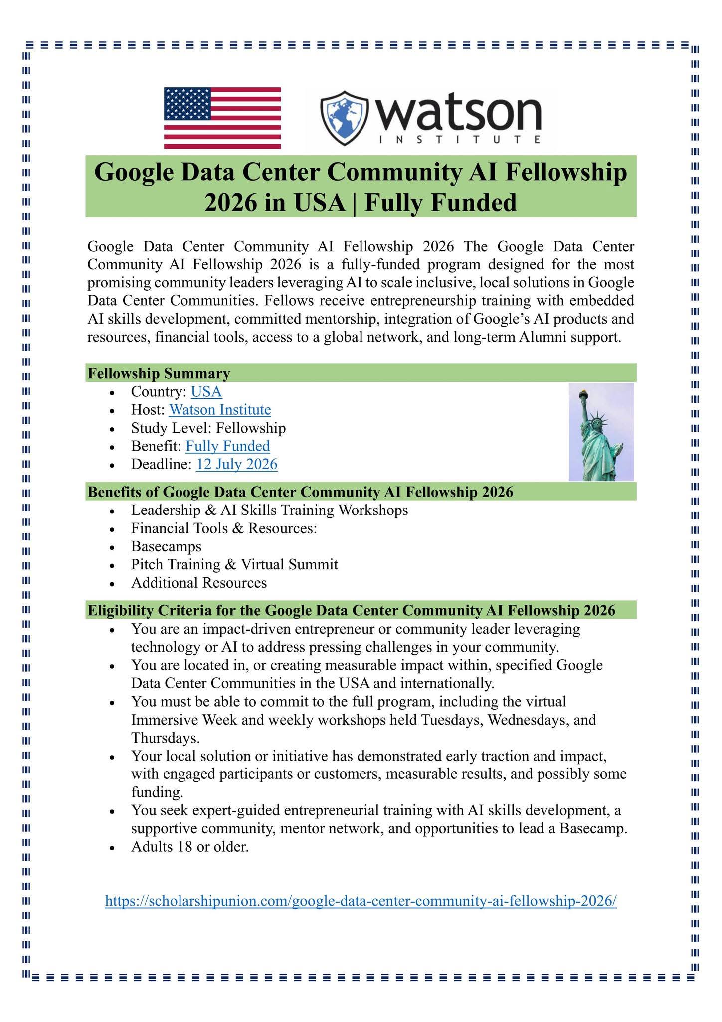 Google Data Center Community AI Fellowship 2026 in USA