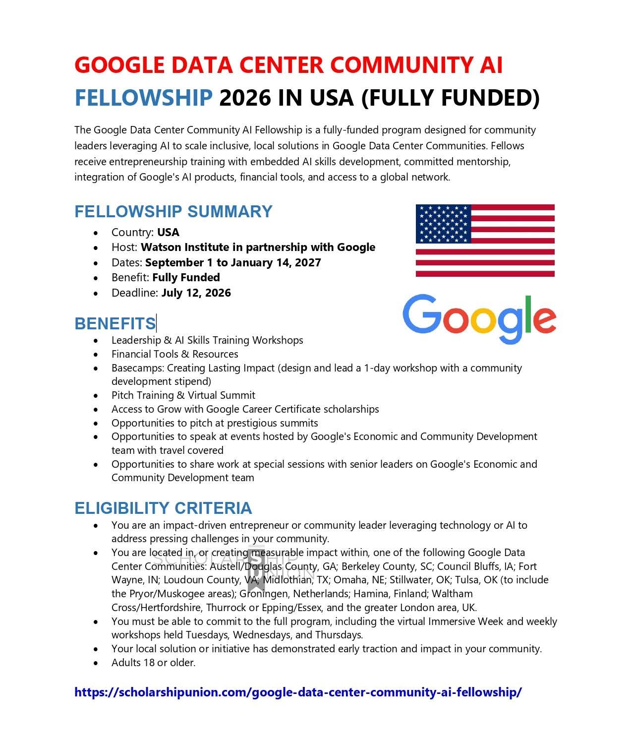 Google Data Center Community AI Fellowship 2026 in USA