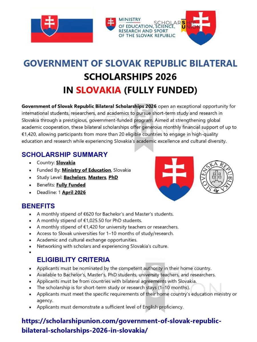 Government of Slovak Republic Bilateral Scholarships 2026 in Slovakia   | Fully Funded |