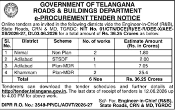 Government of Telangana: e-Procurement Tender for Roads & Buildings
