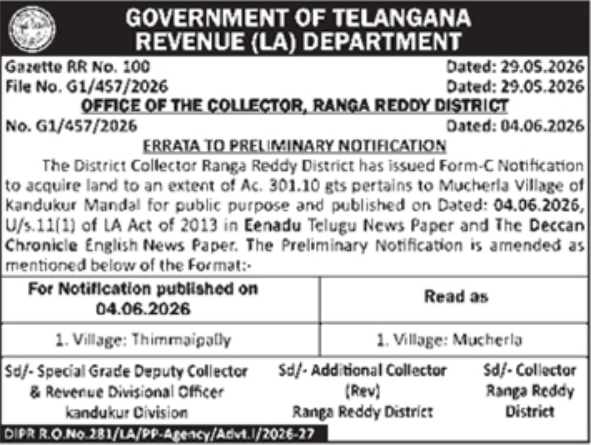 Government of Telangana: Ranga Reddy District Land Acquisition Errata Notice