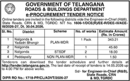 Telangana R&B Department e-Procurement Notice (April 2026)
