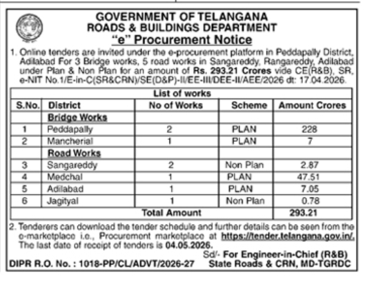 Government of Telangana's Roads & Buildings Department E-Procurement Tender Notice