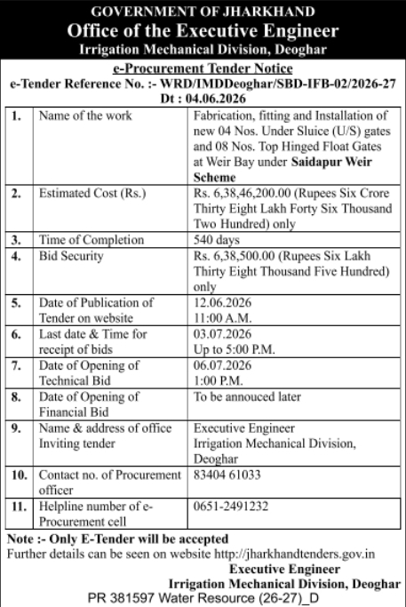 Govt of Jharkhand: Saidapur Weir Scheme E-Tender