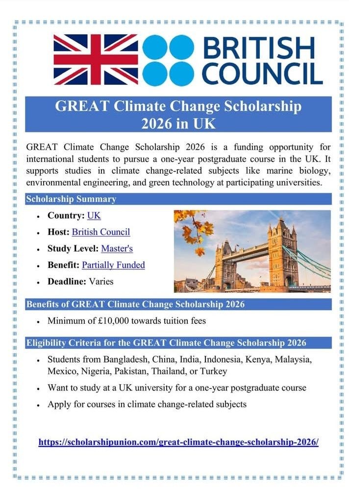 GREAT Climate Change Scholarship 2026 in UK