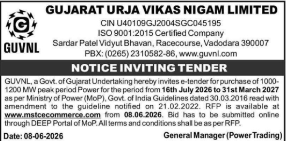 GUVNL: Peak Period Power Purchase E-Tender Notice