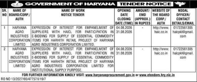 Haryana Agro Industries Corporation Harhith Retail EOI E-Tender