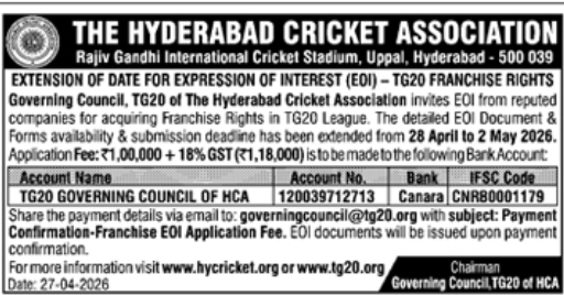 HCA Notice: Extension of Date for TG20 Franchise Rights (EOI)