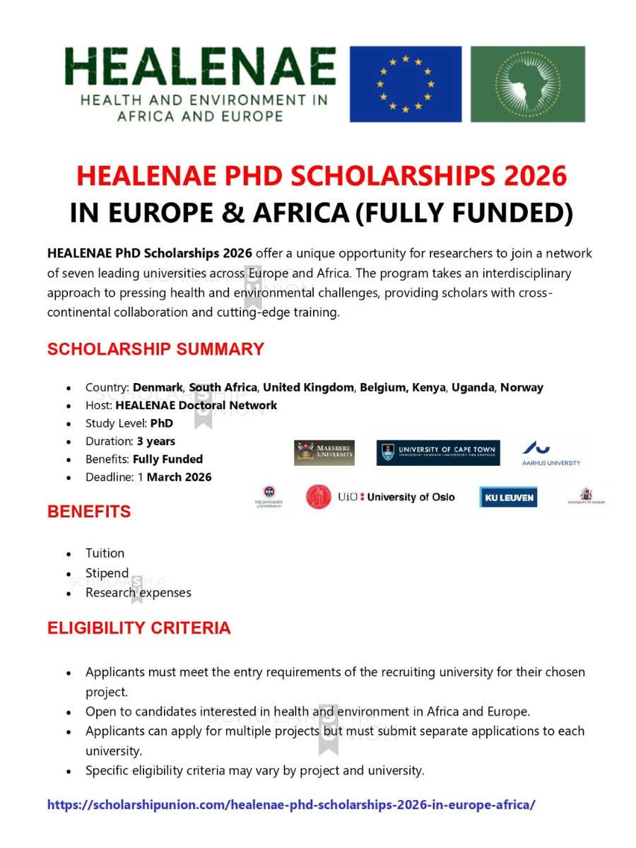 HEALENAE PhD Scholarships 2026 in Europe & Africa
