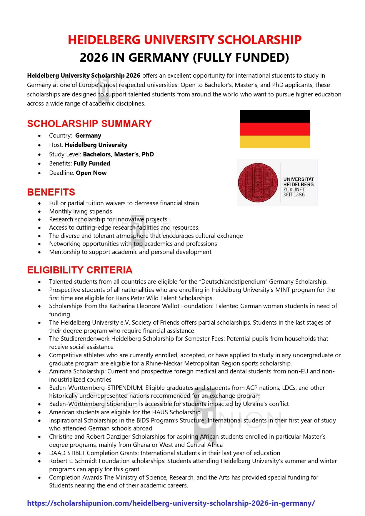 Heidelberg University Scholarships 2026 in Germany