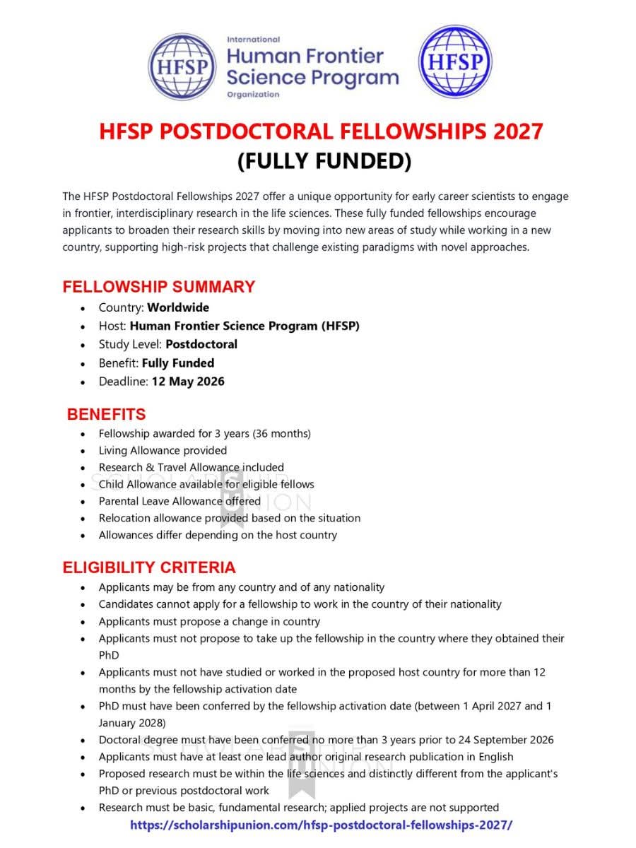 HFSP Postdoctoral Fellowships 2027 in Worldwide