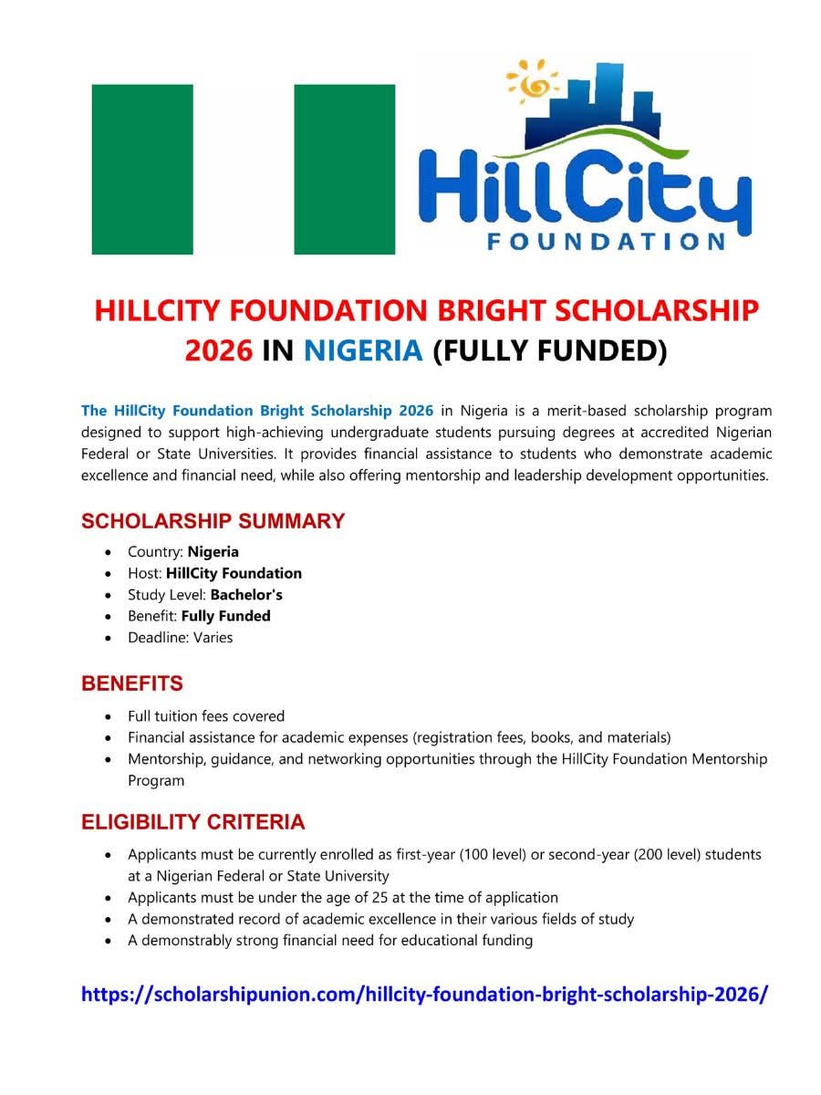 HillCity Foundation Bright Scholarship 2026 in Nigeria